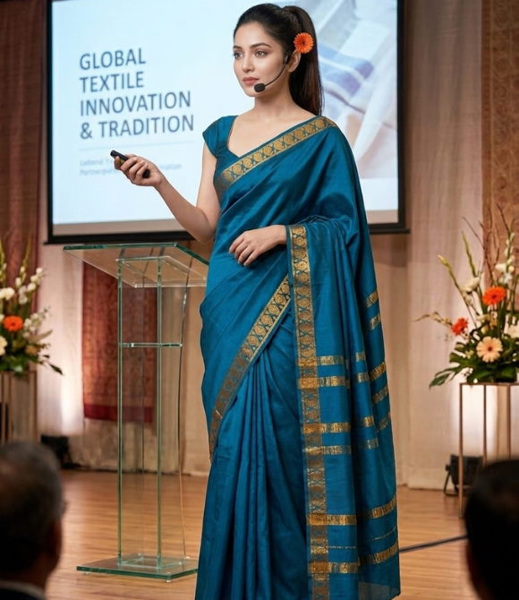 Peacock Blue Pure Mysore Crepe Silk Saree with Paisley Zari Border