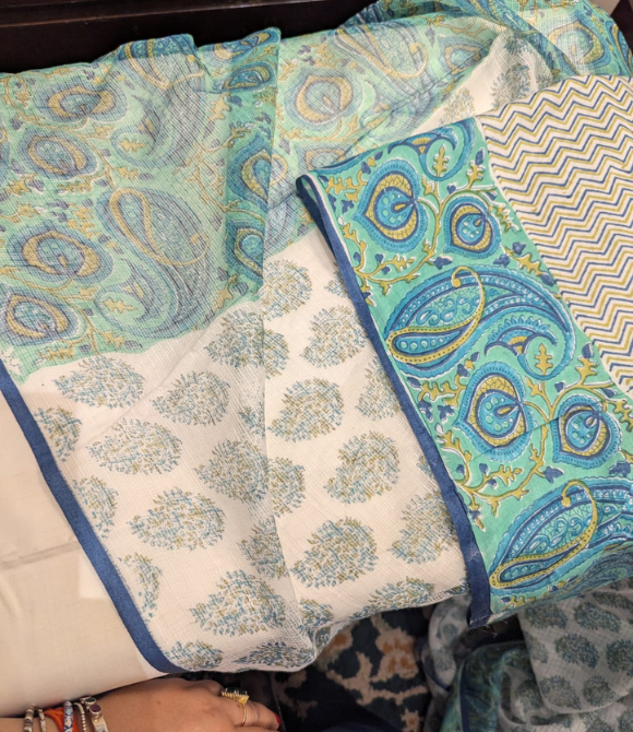 Teal & White Printed Pure Cotton Kota Doria Saree
