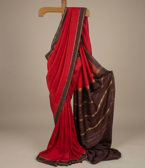 Pure Mysore Crepe Silk Saree - Vibrant Red & Dark Brown