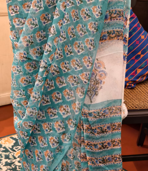 Turquoise Blue Floral Printed Chiffon Saree