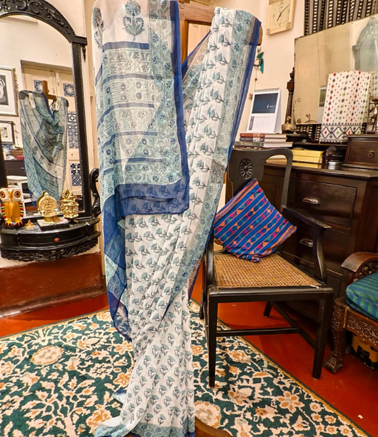 Blue Floral Linen Silk Saree