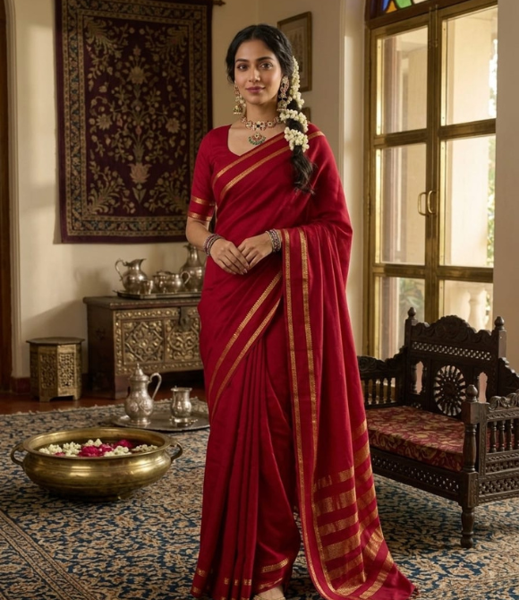Vibrant Red Pure Mysore Crepe Silk Saree
