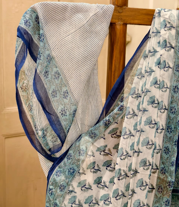 Blue Floral Linen Silk Saree