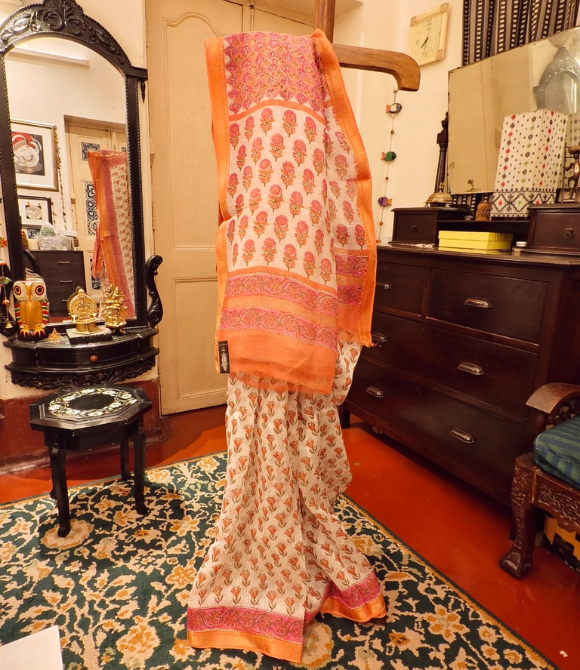 Rust Orange Floral Printed Linen Silk Saree