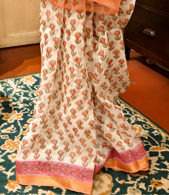 Rust Orange Floral Printed Linen Silk Saree