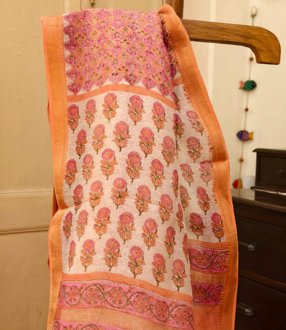 Rust Orange Floral Printed Linen Silk Saree