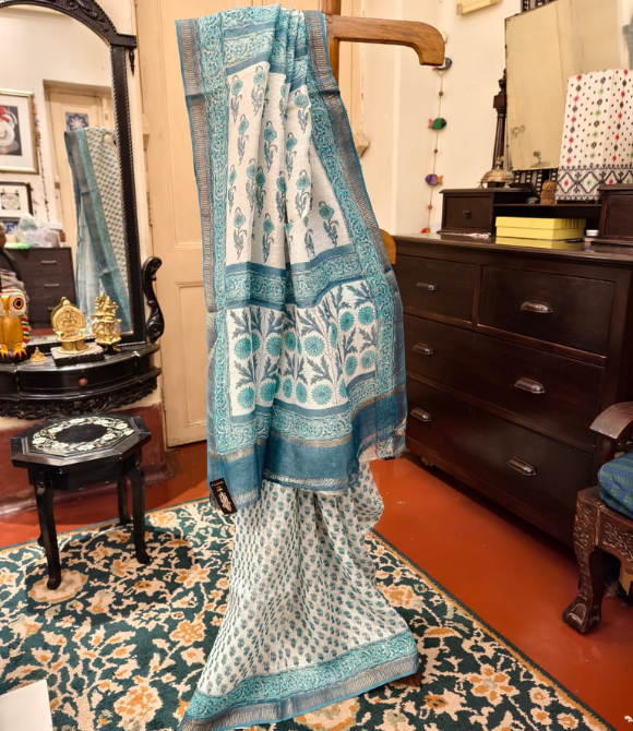 Powder Blue Hand Block Printed Linen Silk Saree
