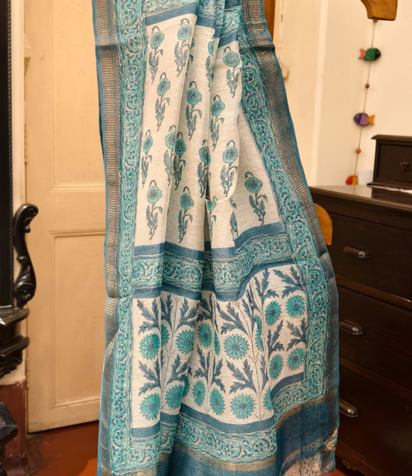 Powder Blue Hand Block Printed Linen Silk Saree