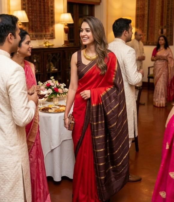 Pure Mysore Crepe Silk Saree - Vibrant Red & Dark Brown