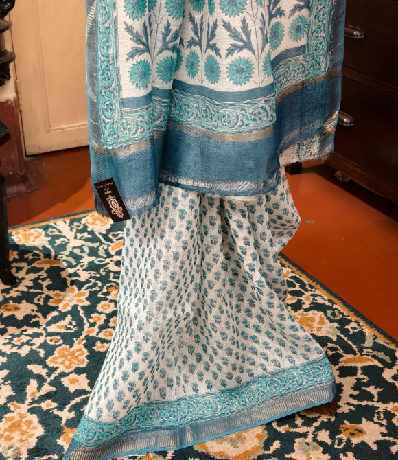 Powder Blue Hand Block Printed Linen Silk Saree