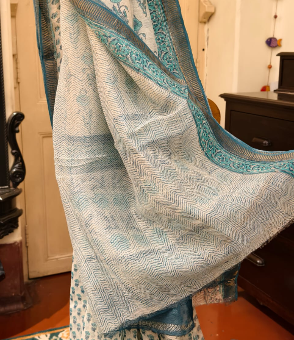 Powder Blue Hand Block Printed Linen Silk Saree