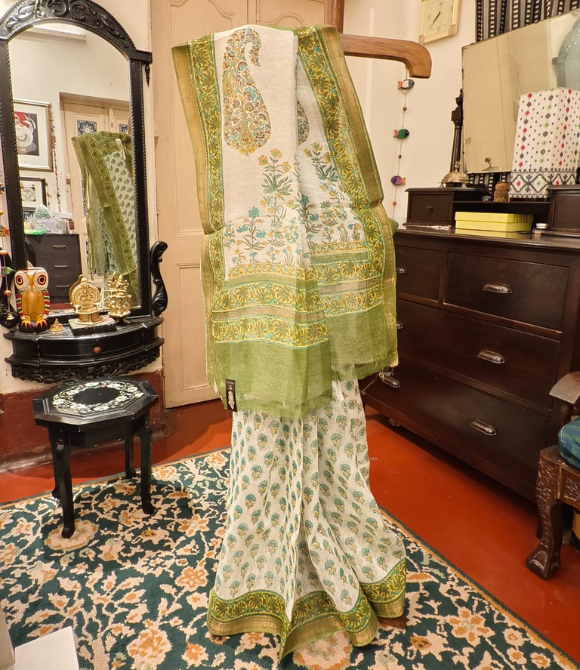 Olive Green Ethnic Printed Linen Silk Saree