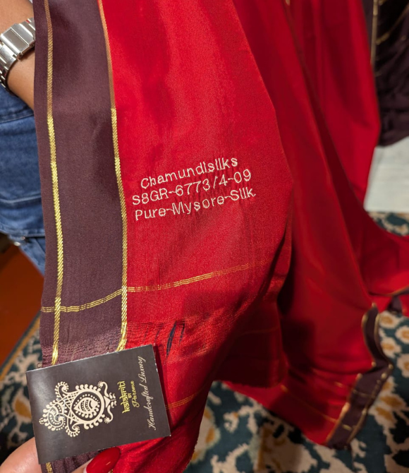 Pure Mysore Crepe Silk Saree - Vibrant Red & Dark Brown