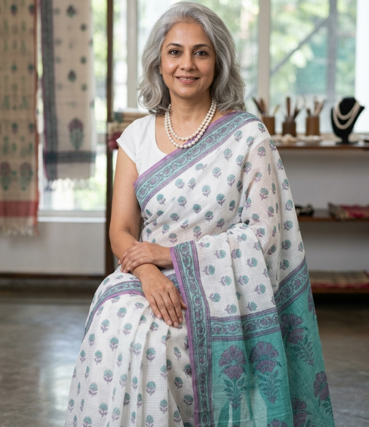 Teal & Purple Floral Printed Pure Cotton Kota Doria Saree