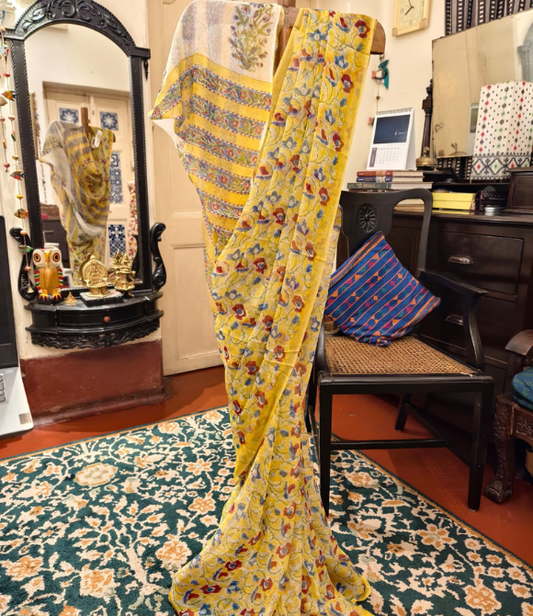 Sunshine Yellow Multi Motif Printed Chiffon Saree