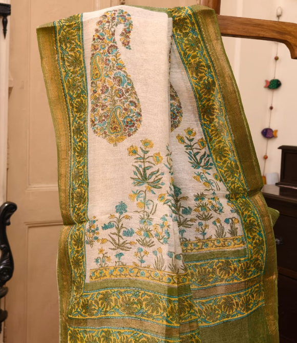 Olive Green Ethnic Printed Linen Silk Saree