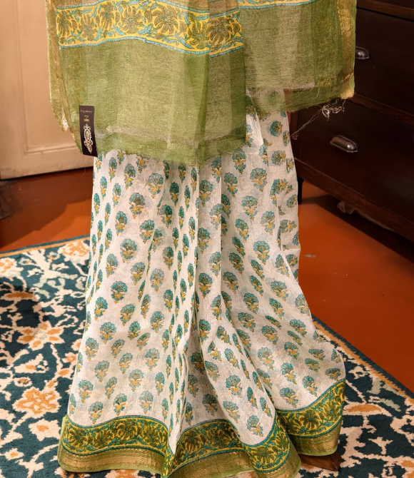 Olive Green Ethnic Printed Linen Silk Saree
