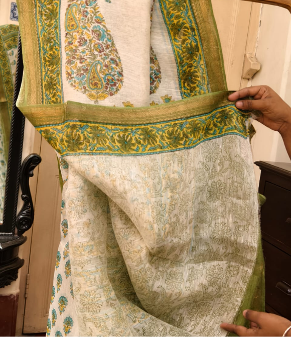 Olive Green Ethnic Printed Linen Silk Saree