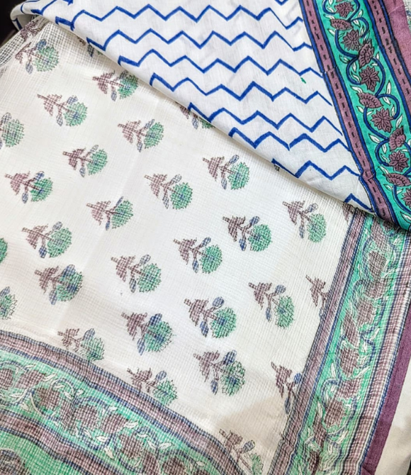 Teal & Purple Floral Printed Pure Cotton Kota Doria Saree