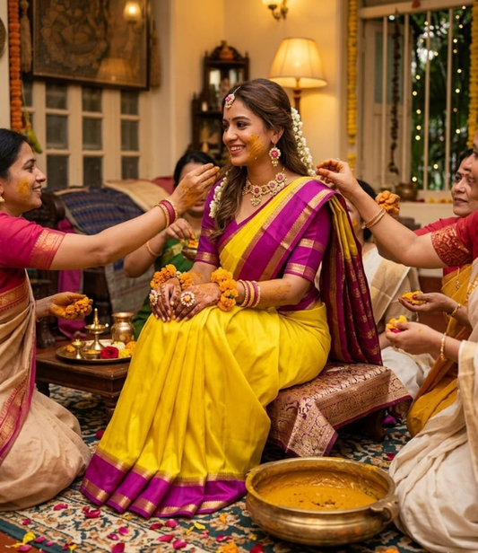 Yellow & Magenta Pure Mysore Silk Saree