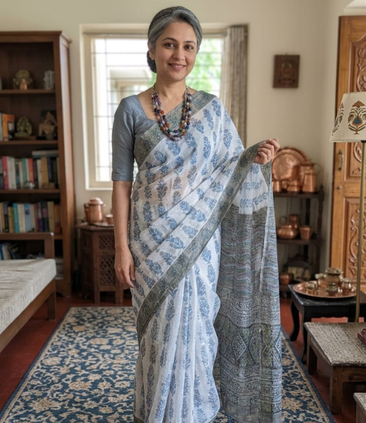 Indigo Blossom Kota Doria Pure Cotton Block Printed Saree