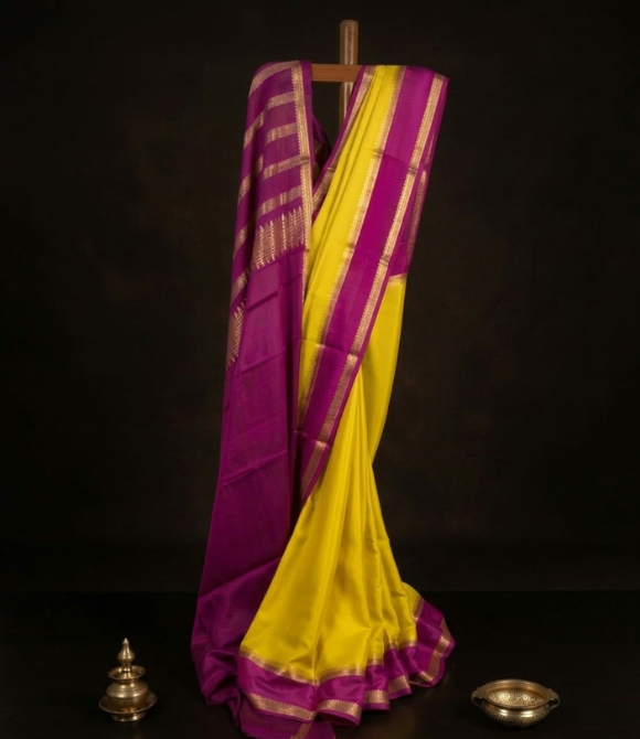 Yellow & Magenta Pure Mysore Silk Saree