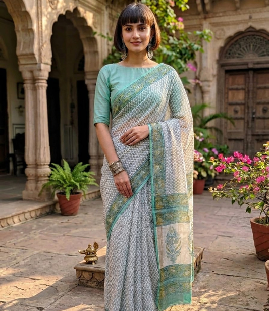 Sage Garden Kota Doria Pure Cotton Block Printed Saree