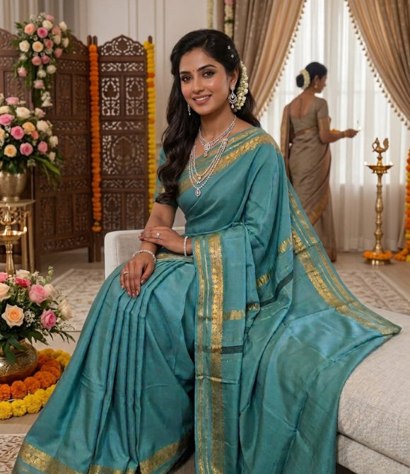 Sea Green Pure Mysore Crepe Silk Saree with CSG Zari