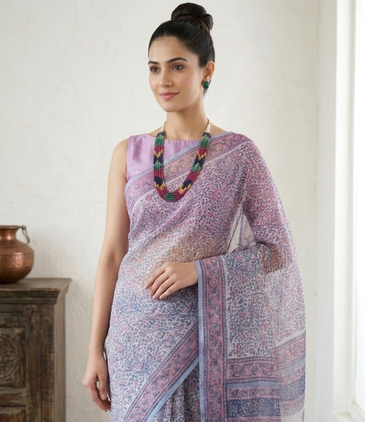 Blush Indigo Vine Kota Doria Pure Cotton Block Printed Saree