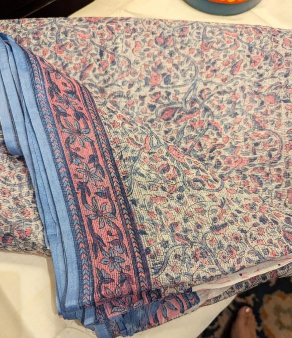 Blush Indigo Vine Kota Doria Pure Cotton Block Printed Saree