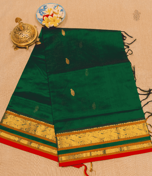 Handwoven Korvai Silk Cotton Handloom Saree - Green Blue