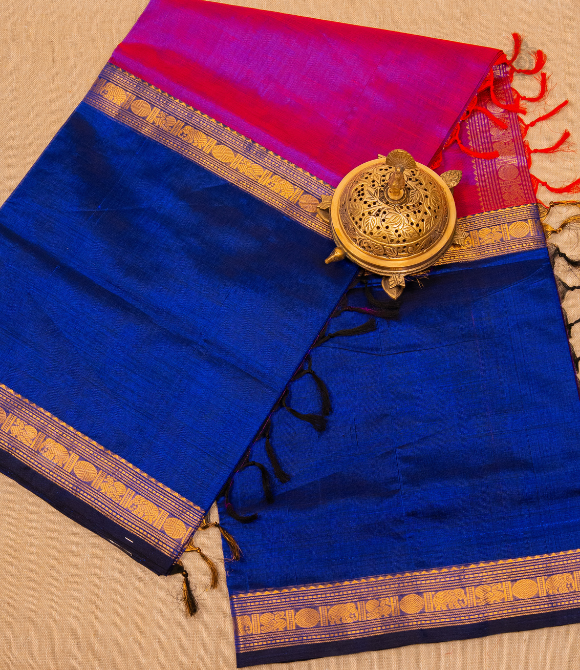 Handwoven Korvai Silk Cotton Handloom Saree - Muvagam Magenta
