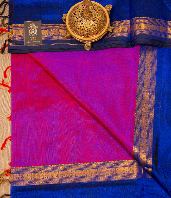 Handwoven Korvai Silk Cotton Handloom Saree - Muvagam Magenta