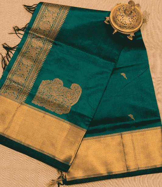 Handwoven Korvai Silk Cotton Handloom Saree - Emerald Green