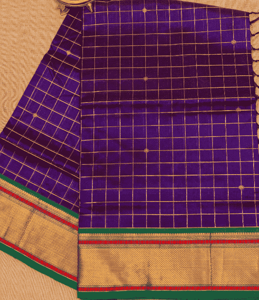 Handwoven Korvai Silk Cotton Handloom Saree - Purple Zari Kattam