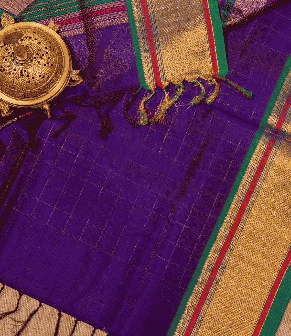 Handwoven Korvai Silk Cotton Handloom Saree - Purple Zari Kattam