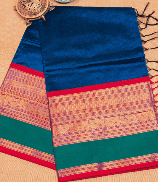 Handwoven Korvai Silk Cotton Handloom Saree - Peacock Blue & Green