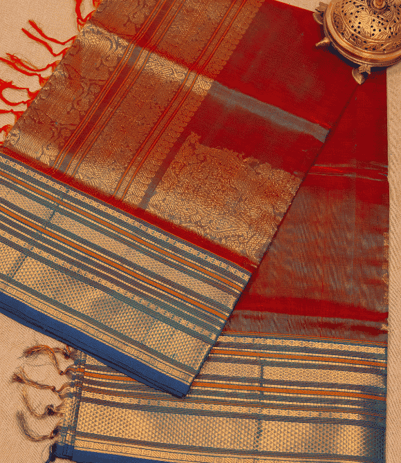 Handwoven Korvai Silk Cotton Handloom Saree - Blue-Green