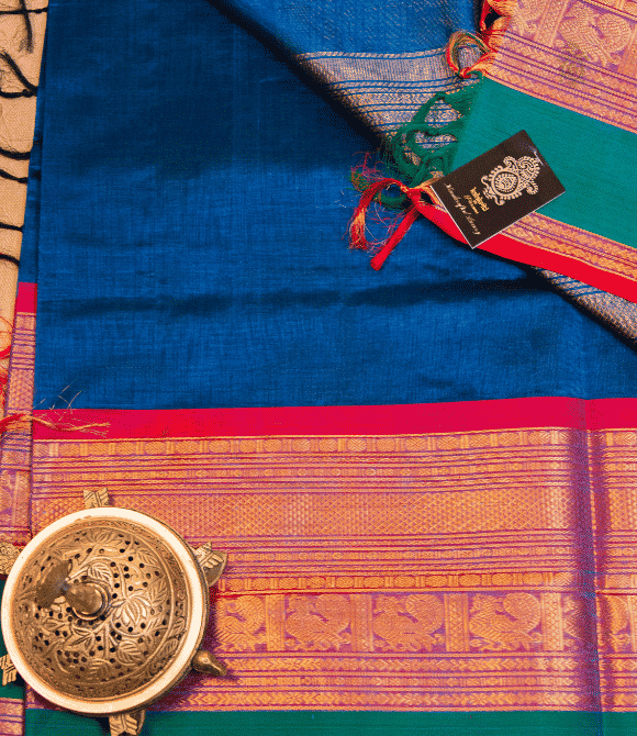 Handwoven Korvai Silk Cotton Handloom Saree - Peacock Blue & Green