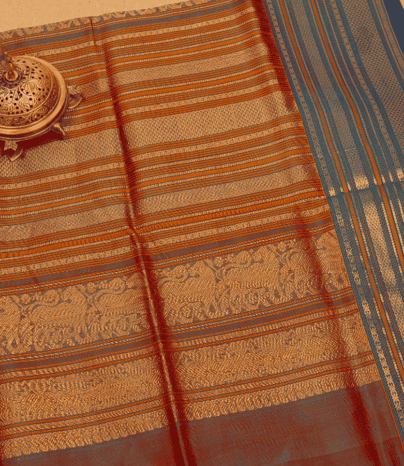 Handwoven Korvai Silk Cotton Handloom Saree - Blue-Green