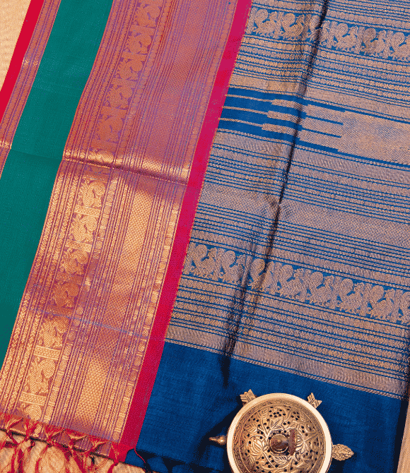 Handwoven Korvai Silk Cotton Handloom Saree - Peacock Blue & Green