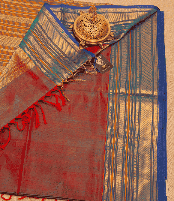 Handwoven Korvai Silk Cotton Handloom Saree - Blue-Green