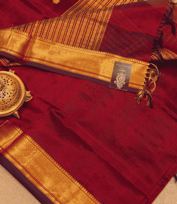 Handwoven Korvai Silk Cotton Handloom Saree - Deep Wine Heritage
