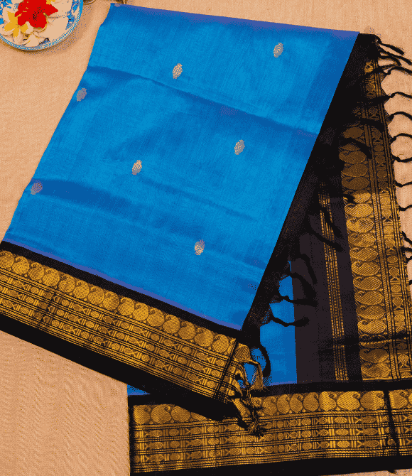 Handwoven Korvai Silk Cotton Handloom Saree - Aananda Blue