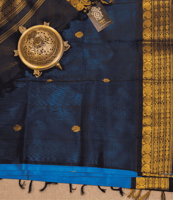 Handwoven Korvai Silk Cotton Handloom Saree - Aananda Blue