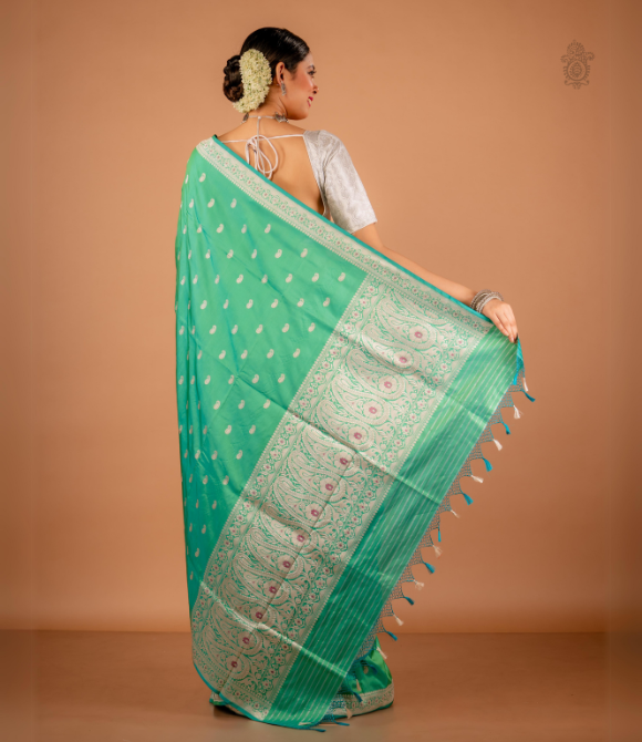 Handwoven Pure Katan Silk Kadhua Benarasi Saree Aqua Green