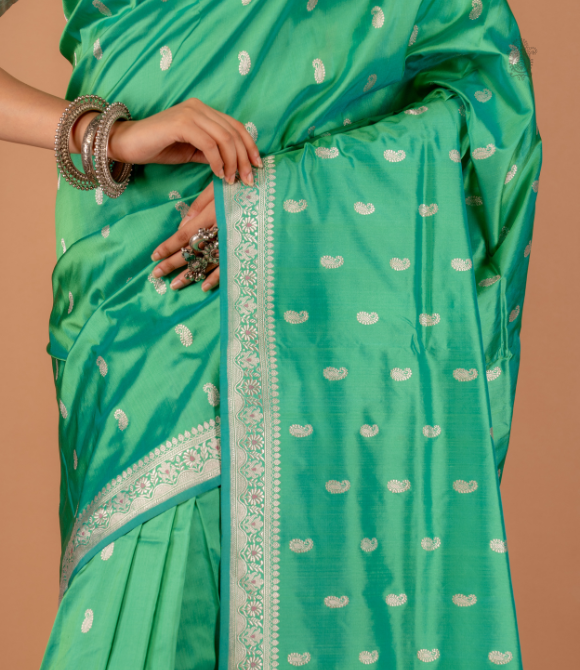 Handwoven Pure Katan Silk Kadhua Benarasi Saree Aqua Green