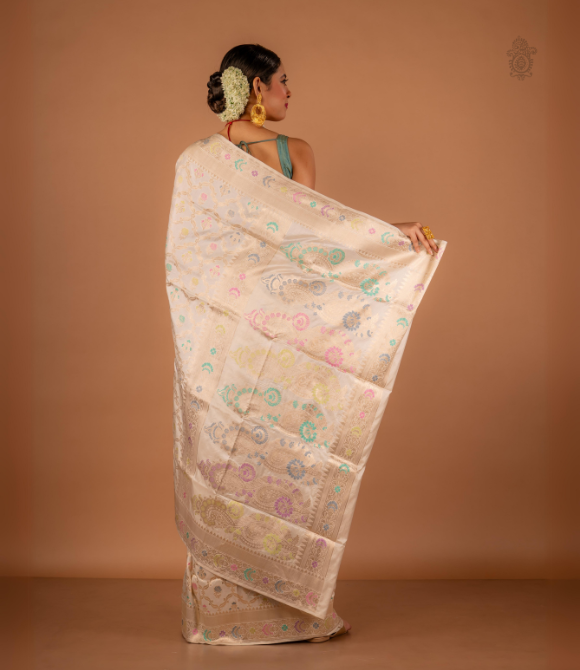Handwoven Pure Katan Benarasi Saree Cream