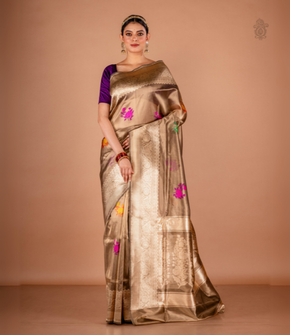 Handwoven Pure Katan Silk Tissue Brocade Benarasi Saree Brown