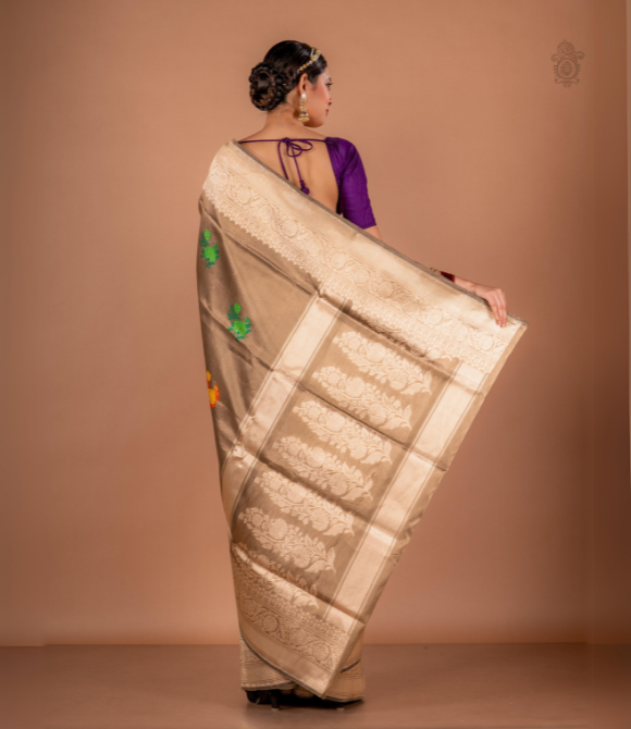 Handwoven Pure Katan Silk Tissue Brocade Benarasi Saree Brown